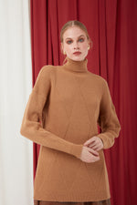 Diamond Patterned Turtleneck Mink Color Tricot Sweater