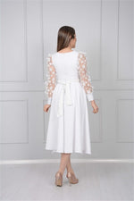 Double Fabric Arms 3 -Dimensional Flowering Dress - White