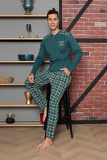 Men's pajama set interlok shoulder -piece plaid cotton seasonal M70092271