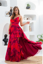 Angelino Fuchsia Printed Long Evening Dress with Low-Rise Legs