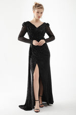 Women Cruve Collar Sequined Long Stone Evening Dress