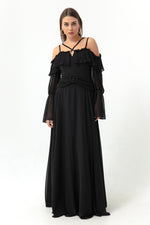 Female Strap Low Sleeve Chiffon Evening Dress