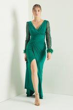 Women'S V -Neck Arms Long Evening Dress With Stone Slit