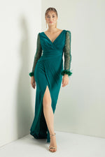 Women'S V -Neck Arms Long Evening Dress With Stone Slit