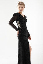 Women Cruve Collar Sequined Long Stone Evening Dress