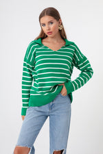 Female Shirt Collar Striped Knitwear Sweater