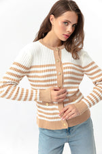 Female Gold Button Striped Knitwear Cardigan