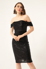 Female Kayık Collar Sequined Midi Evening Dresses