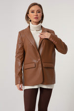Woman Single Button Artificial Leather Jacket