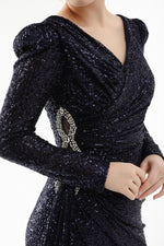 Women Cruve Collar Sequined Long Stone Evening Dress