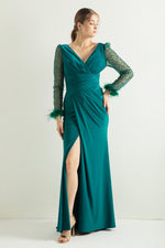 Women'S V -Neck Arms Long Evening Dress With Stone Slit