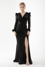 Women Cruve Collar Sequined Long Evening Dress