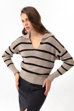 Woman Polo Yaka Striped Knitwear Sweater