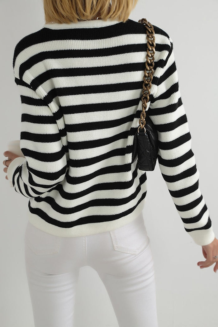 Female Striped Bike Collar Homeland Gold Button Detailed Knitwear Cardigan