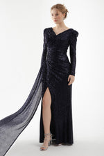 Women Cruve Collar Sequined Long Stone Evening Dress