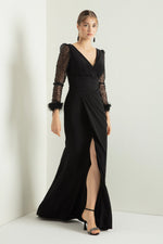 Women'S V -Neck Arms Long Evening Dress With Stone Slit