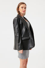 Woman Single Button Artificial Leather Jacket