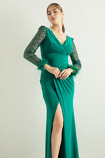 Women'S V -Neck Arms Long Evening Dress With Stone Slit