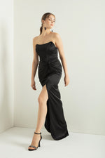 Woman Cruve Lined Woven Corset Detailed Satin Long Evening Dress