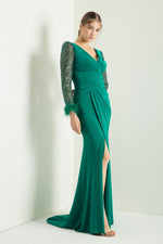 Women'S V -Neck Arms Long Evening Dress With Stone Slit