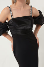 Women'S Princess Arm Bead Hanger Organze Midi Evening Dress