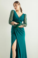 Women'S V -Neck Arms Long Evening Dress With Stone Slit