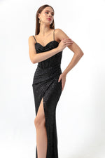 Woman Balen Balen Corset Detailed Sequined Slit Long Evening Dress