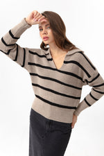 Woman Polo Yaka Striped Knitwear Sweater