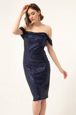 Female Kayık Collar Sequined Midi Evening Dresses