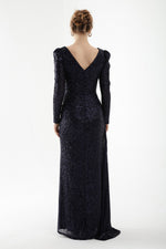 Women Cruve Collar Sequined Long Stone Evening Dress