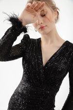 Women Cruve Collar Sequined Long Evening Dress