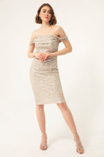Female Kayık Collar Sequined Midi Evening Dresses