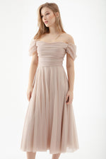 Female Kayık Yaka Drapeli Midi Kloş Evening Dress
