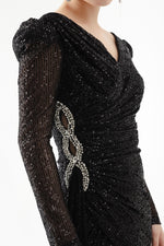 Women Cruve Collar Sequined Long Stone Evening Dress