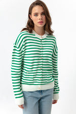 Female Gold Button Striped Knitwear Cardigan