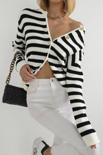 Female Striped Bike Collar Homeland Gold Button Detailed Knitwear Cardigan