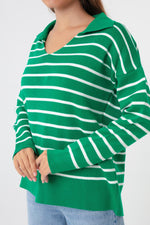 Female Shirt Collar Striped Knitwear Sweater