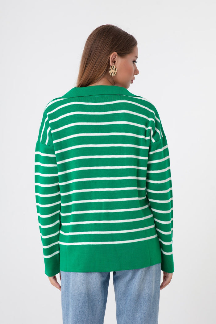 Female Shirt Collar Striped Knitwear Sweater