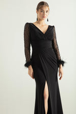 Women'S V -Neck Arms Long Evening Dress With Stone Slit