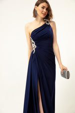 Woman One Shoulder Long Evening Dress With Stone