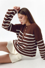 Female Striped Gold Button Detailed Knitwear Sweater