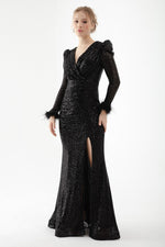 Women Cruve Collar Sequined Long Evening Dress