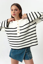 Female Striped Gold Button Detailed Knitwear Sweater