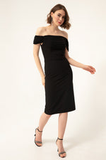 Midi Dress On Women'S Kayık Collar Pearl