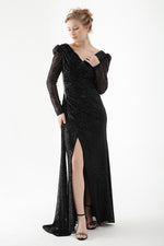 Women Cruve Collar Sequined Long Stone Evening Dress