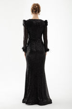 Women Cruve Collar Sequined Long Evening Dress