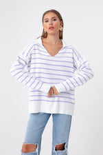 Female Shirt Collar Striped Knitwear Sweater