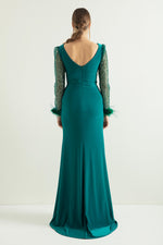 Women'S V -Neck Arms Long Evening Dress With Stone Slit