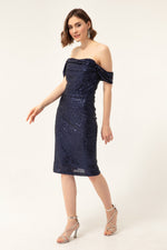 Female Kayık Collar Sequined Midi Evening Dresses