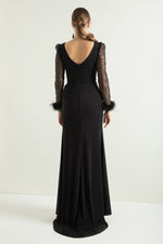 Women'S V -Neck Arms Long Evening Dress With Stone Slit